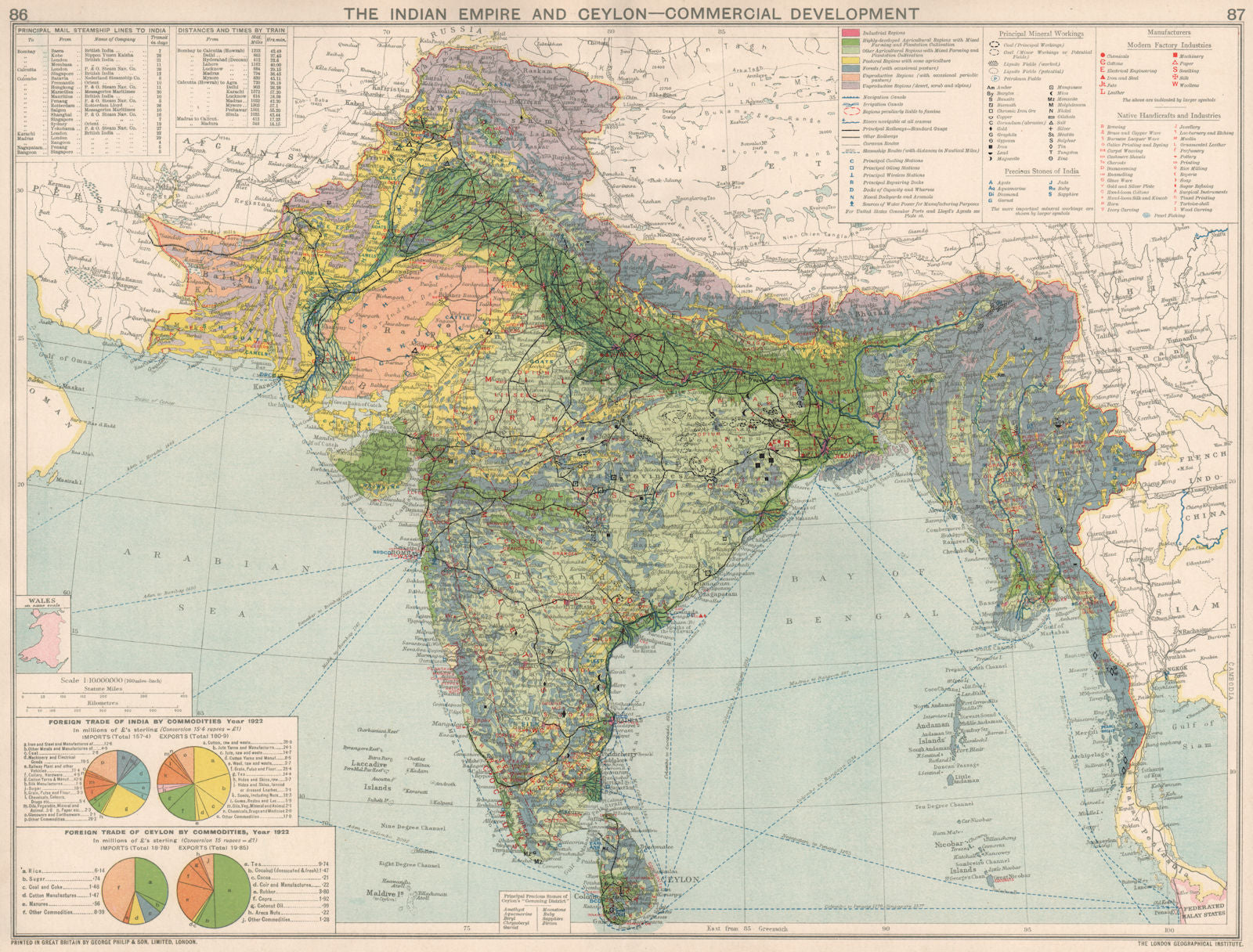 British India. Commercial Manufacturing Mining Minerals Agricultural 1925 map